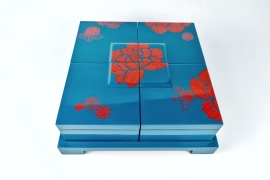 Set of 4 blue square boxes 12cm with convex lids and hand-painted flowers